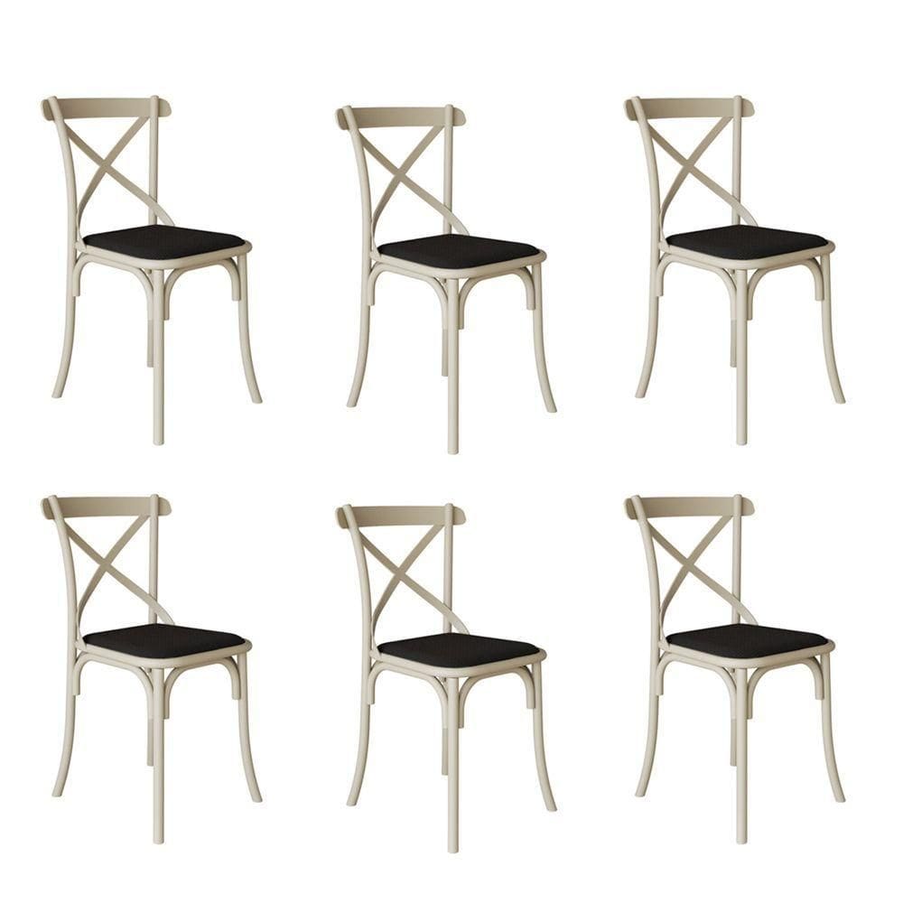 Kit 6 Cadeiras Katrina Assento Corano Preto Aço Off White Bege
