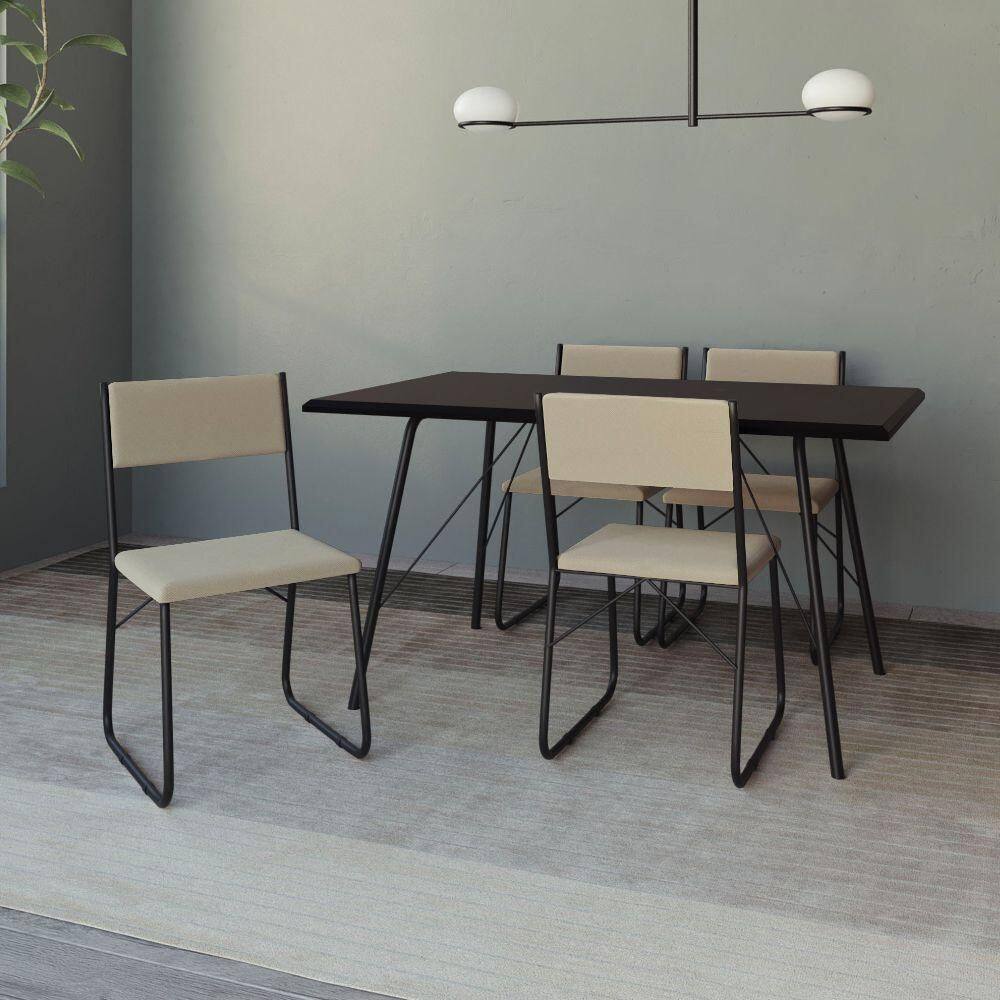 Mesa Jantar Paraty 137cm Tampo Preto Com 4 Cadeiras Angra Estofadas Preta E Bege Preto