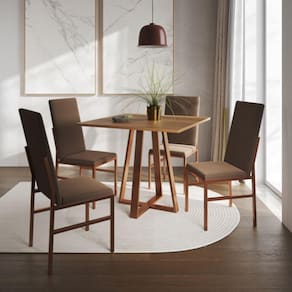Conjunto De Jantar Mesa Mônaco Premium 90cm Imbuia Com 4 Cadeiras Estofadas Marrom Base Cobre Preto