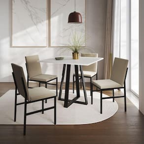 Conjunto De Jantar Mesa Mônaco 90cm Tampo Branco Com 4 Cadeiras Estofadas Bege Preto