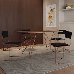 Mesa Jantar Industrial Trama 1,40x0,80m Amêndoa Com 4 Cadeiras Estofadas Vitória Cobre E Preta Marrom