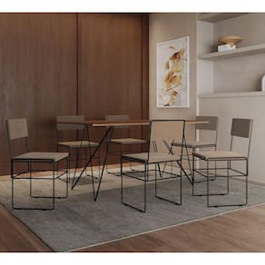 Mesa Jantar Retangular Industrial Trama 1,50x0,90m Amêndoa 6 Cadeiras Estofadas Bege E Preto Vitória Marrom