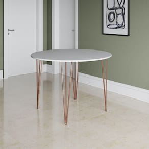 Mesa Jantar Redonda Branca Hairpin 110cm Elen Base Cobre Branco