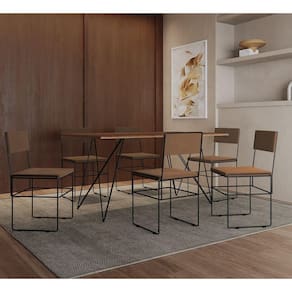 Mesa Jantar Retangular Industrial Trama 1,50x0,90m Amêndoa 6 Cadeiras Estofadas Marrom E Preto Vitór Marrom
