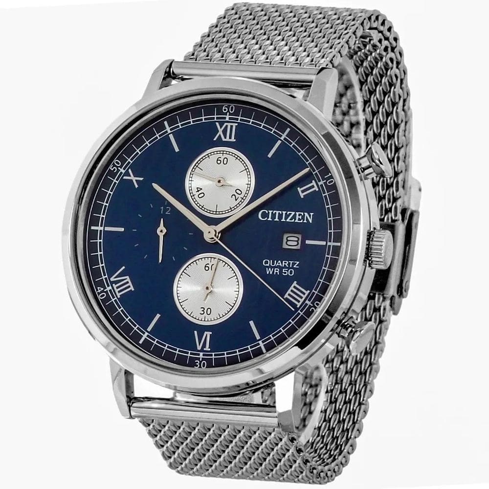 Relógio Citizen Masculino Cronógrafo Tz21143F Azul Aço Mesh