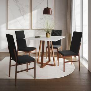 Conjunto De Jantar Mesa Mônaco Premium 90cm Branca Com 4 Cadeiras Estofadas Pretas Base Cobre Preto