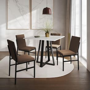 Conjunto De Jantar Mesa Mônaco 90cm Tampo Branco Com 4 Cadeiras Estofadas Marrom Preto