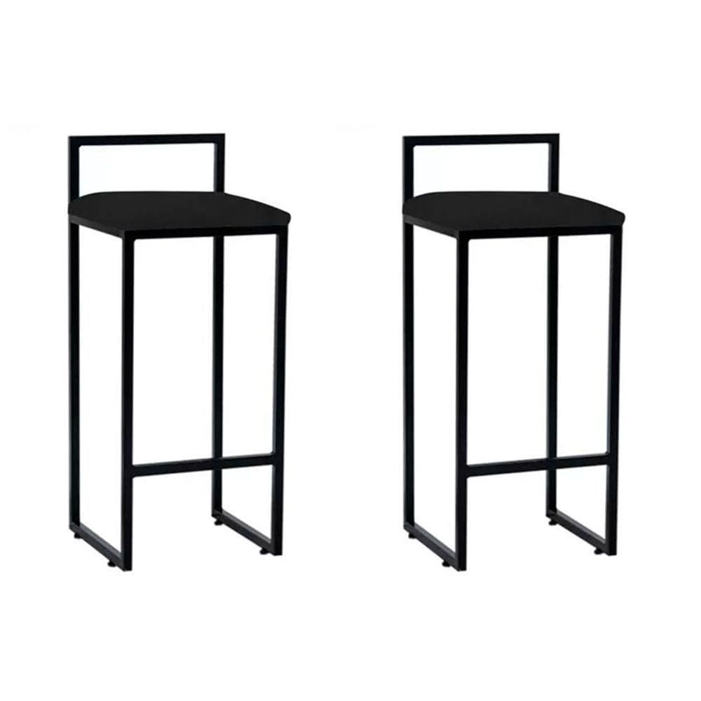 Kit 2 Banquetas Alta Industrial Premium Bar Cozinha Bistrô Aço Dori Preta Assento Suede Preto