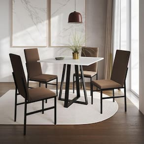 Conjunto De Jantar Mesa Mônaco Premium 90cm Branca Com 4 Cadeiras Estofadas Marrom Preto