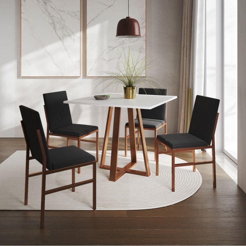 Conjunto De Jantar Mesa Mônaco 90cm Tampo Branco Com 4 Cadeiras Pretas Base Cobre Preto