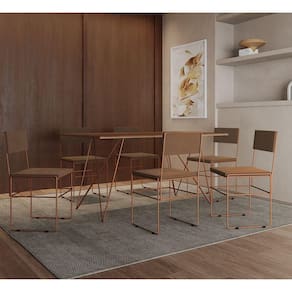 Mesa Jantar Retangular Industrial Trama 1,50x0,90m Amêndoa 6 Cadeiras Estofadas Marrom E Cobre Vitór Marrom