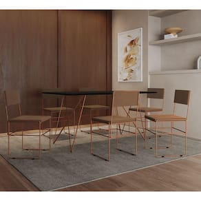 Mesa Jantar Retangular Industrial Trama 1,50x0,90m Preta Com 6 Cadeiras Estofadas Marrom E Cobre Vit Preto