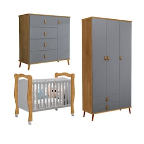 Conjunto Comoda e Roupeiro Jujuba Berço Alvin em Mdf Nature / Cinza