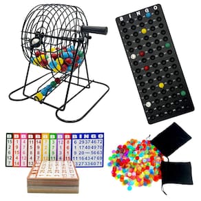 Conjunto de jogos de bingo JUNWRROW Deluxe com gaiola de bingo, cartas e fichas