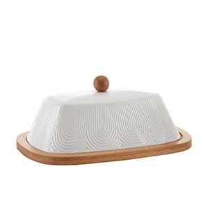 Manteigueira de Cerâmica Oasis Branca com Base Bambu 21cm