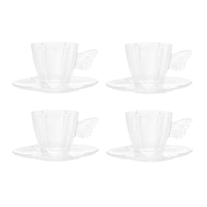 Cj 4 Xícaras P/Chá C/Pires de Vidro Borboletas Transparente 180ml Wolff