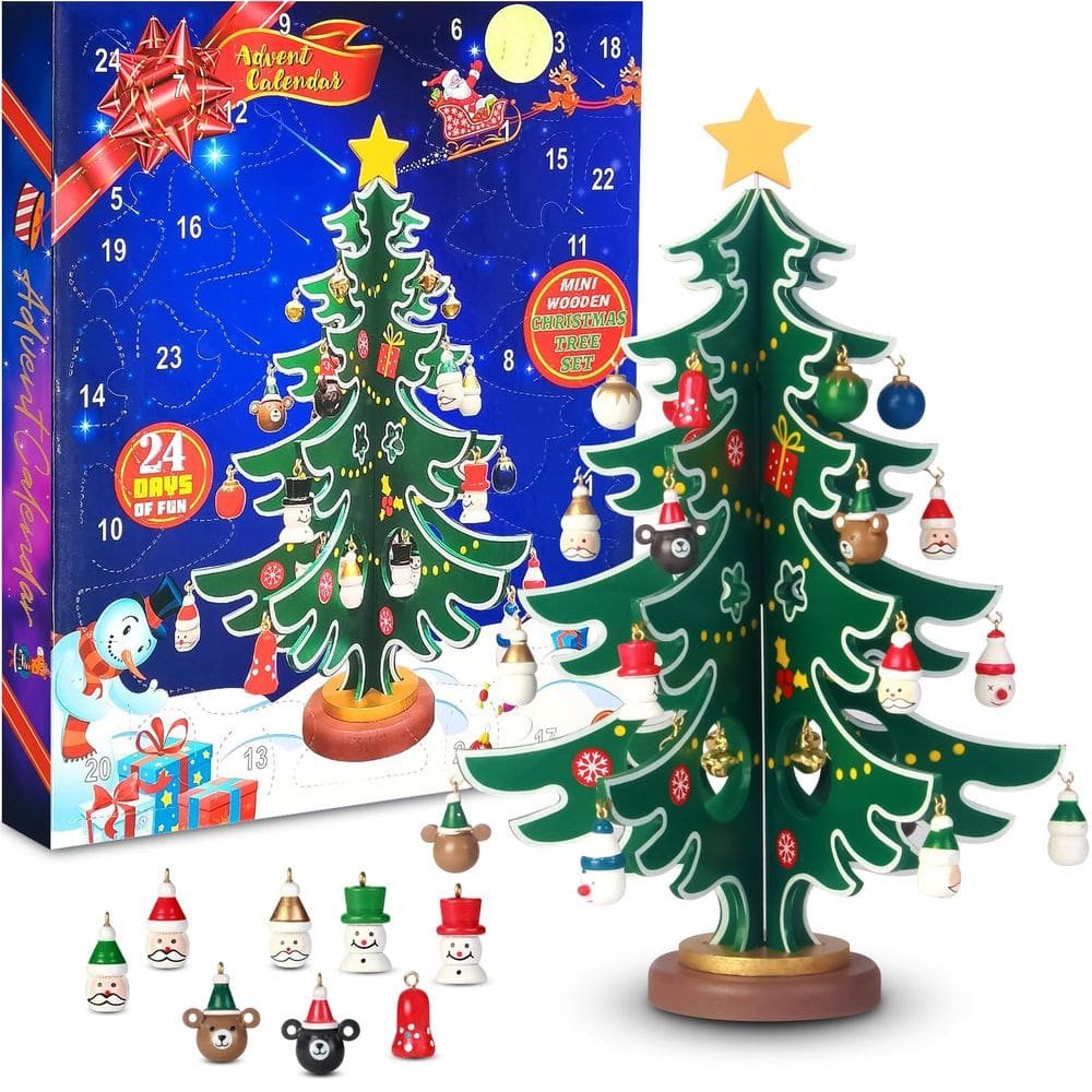 Calendário do Advento de Natal SIXVALA 2024 com árvore de madeira e 30 O