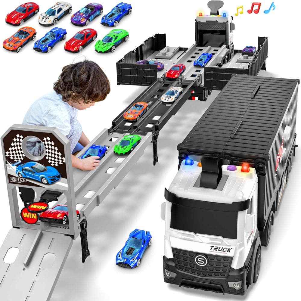 Brinquedo Carrier Truck Race Track Diuerma com 8 carros de corrida de 3 anos ou mais