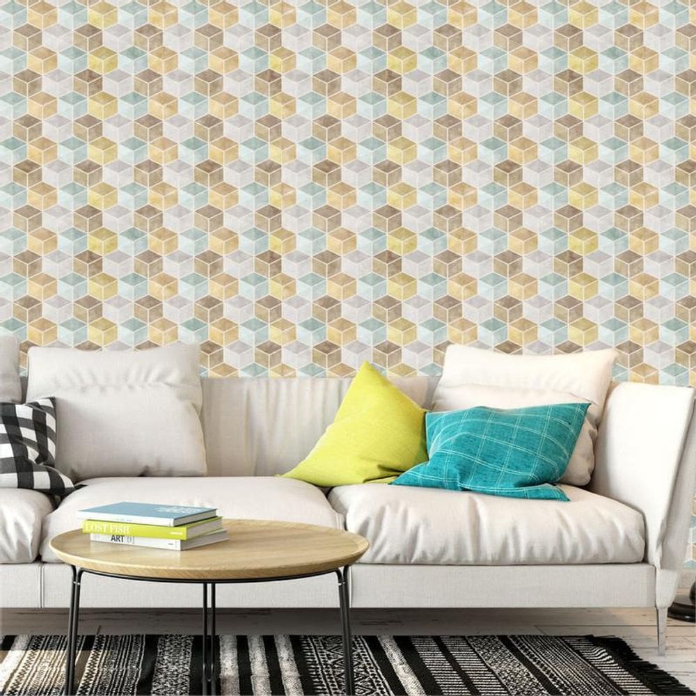 Papel De Parede Cubos Coloridos 3D Autocolante Sala Quarto