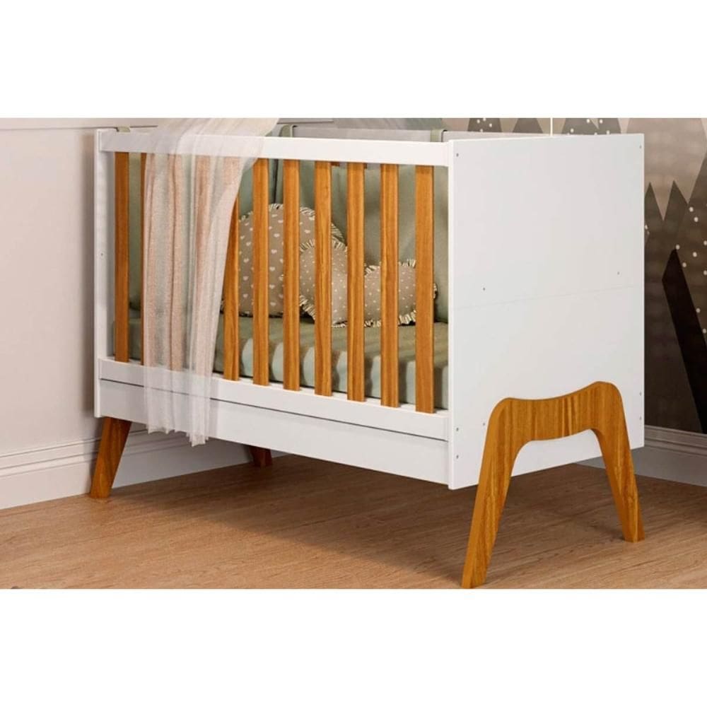Berço / Mini Cama Infantil Guti Branco Brilho/Amendoa - Peroba