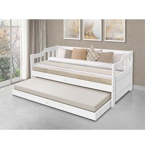 Sofa Cama Solteiro de Madeira com Cama Auxiliar + 2 Colchões - Branco