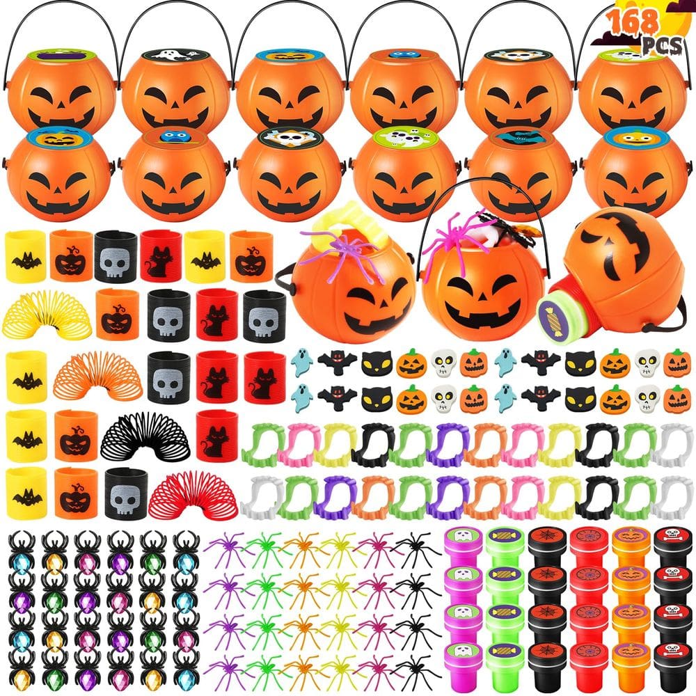 Lembrancinha de festa de Halloween ShyLizard 168 unidades com 24 baldes de abóbora