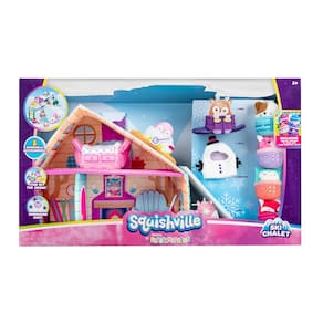 Chalé de esqui Playset Squishville com 4 esquis, snowboard e muito mais