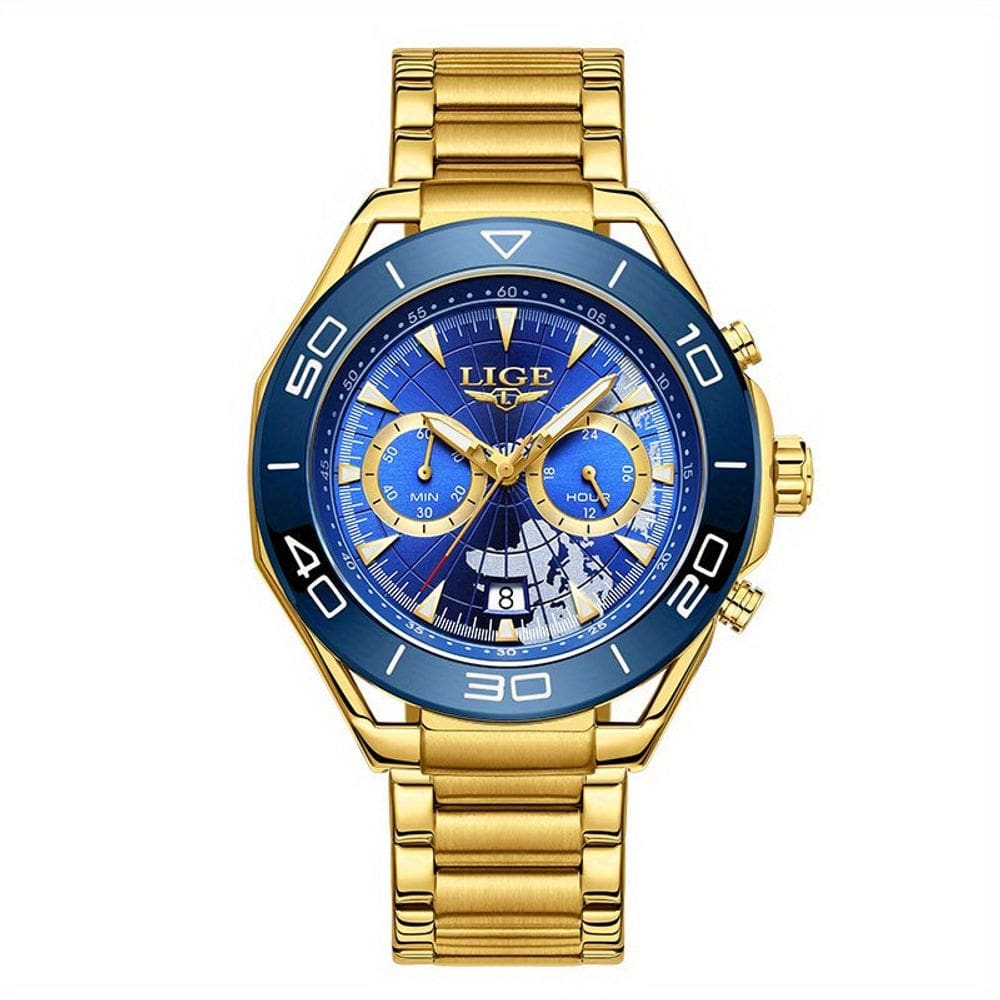 Relógio de Quartzo para Homens Multifuncional Estilo Casual com Pulseira de Aço Inoxidável