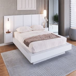 Cama Casal Queen Suspensa, Cabeceira e Mesas de Apoio 140/160 Zurique Branco