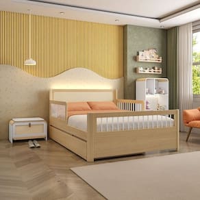 Bicama Casal Reversível com Estante 4 Nichos em LED e Sapateira 1 Porta Infantil Wave Casatema Branco /natural