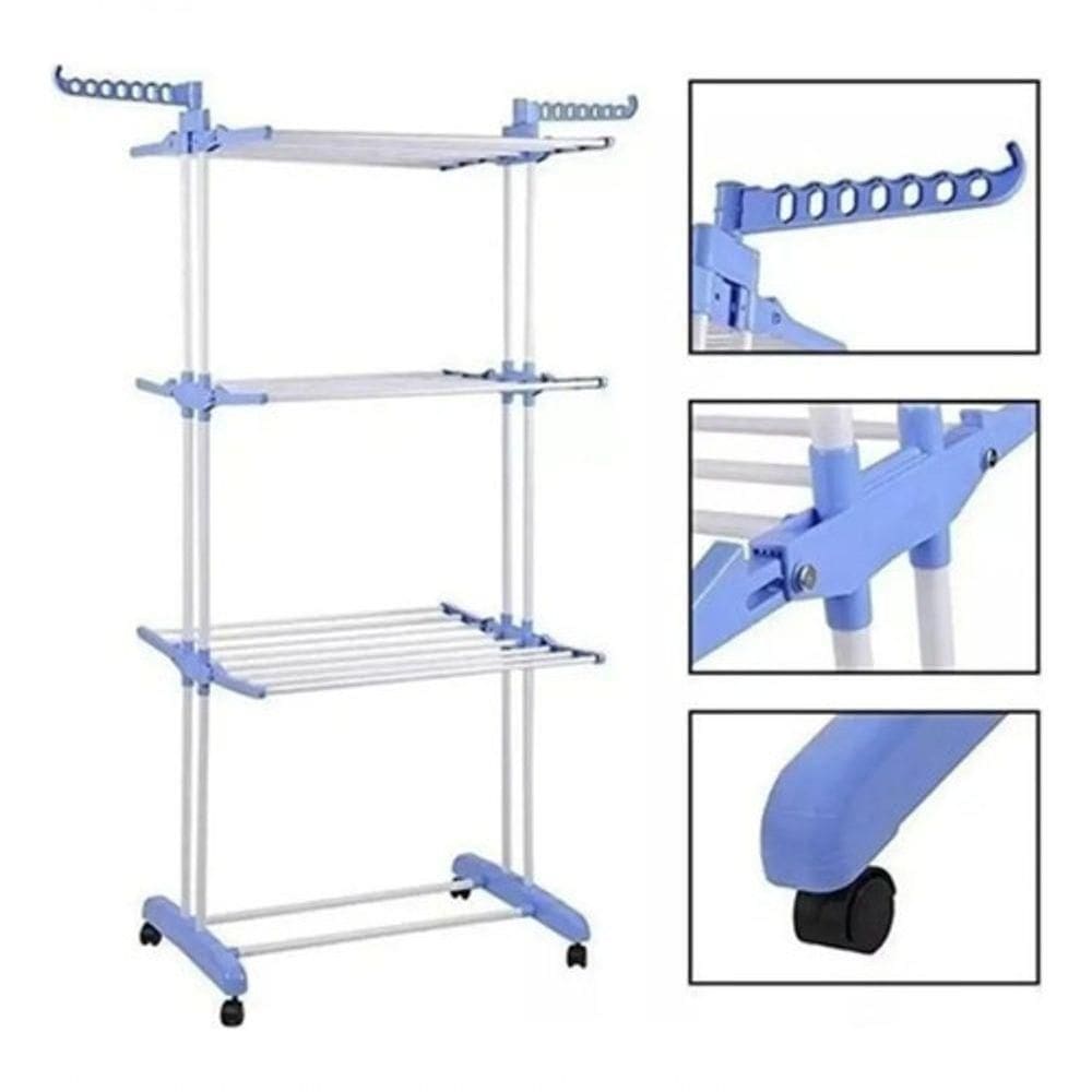 Varal De Chão Pra Roupa Inox 3 Três Andares Retrátil Cor Azul