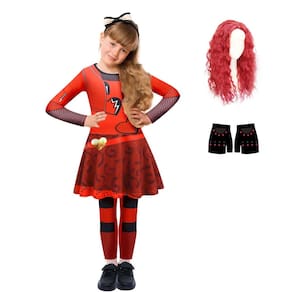 Traje ROSEZUZU vermelho para meninas de 7 a 8 anos com peruca e luvas