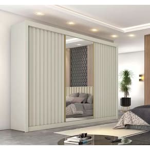 Guarda Roupa Casal Ripado com Espelho 3 Portas 6 Gavetas - Athenas-Off White - Móveis Europa
