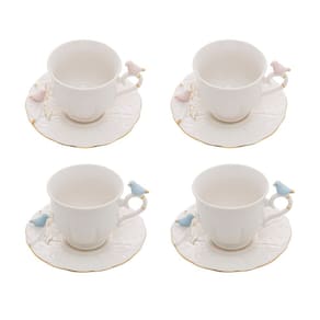 Cj 4 Xícaras P/Chá C/Pires de Porcelana Branca Birds Design Plate Colorido 200ml Wolff