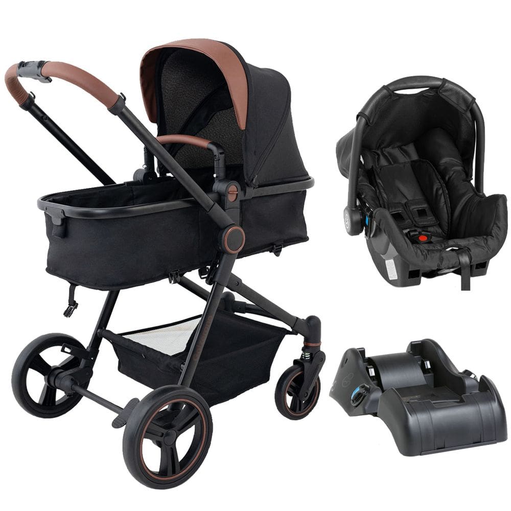 Carrinho de Bebê Galzerano Ivy TRIO 3 em 1 Berço Passeio Moisés com Bebê Conforto e Base Carro Travel System Viagem 15 Kg Preto Caramelo Fecha Uma Mão