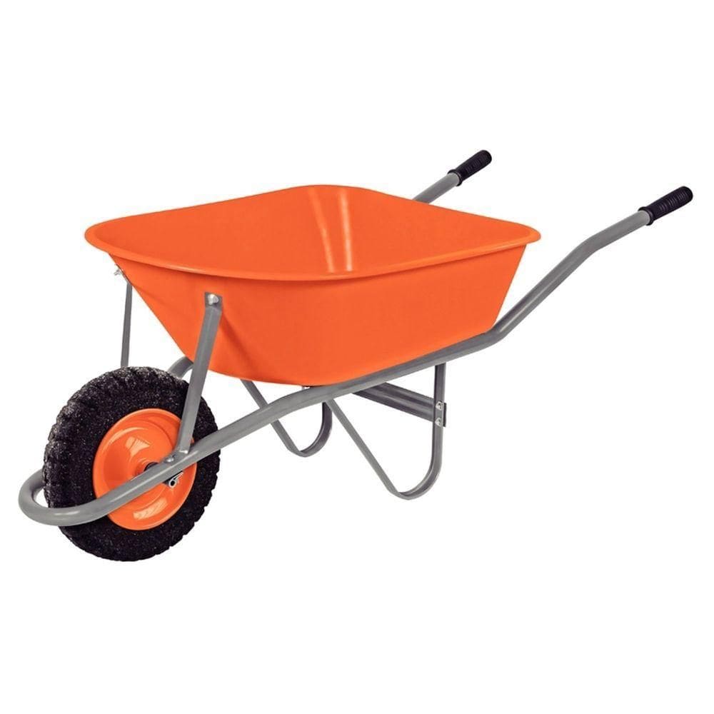 Carrinho De Mão Com Caçamba Funda Plástica Laranja 55 L, Braço Metálico E Pneu Maciço