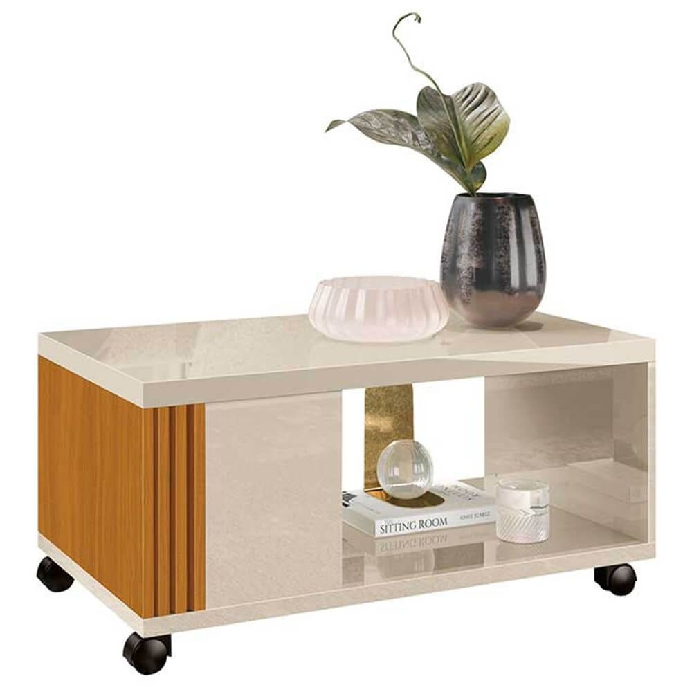 Mesa de Centro Pratica com Rodízios EDN Cor Off White Cedro