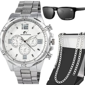 Relógio Masculino Prata Aço Inoxidável + Cordão + Óculos Sol Social Grumet Inoxidável Proteção UV