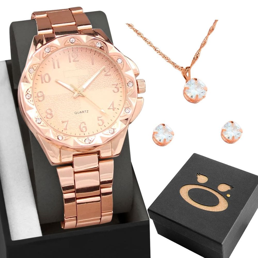 Relógio Feminino Aço Inox Rosê + Colar Strass Brinco + Caixa Social Qualidade Premium
