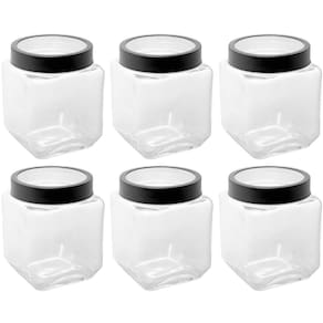 Kit 6 Porta Mantimentos de Vidro 1,2L Gastro Lyor com Tampa Metal e Acrílico Preta Quadrado Pote Alimentos