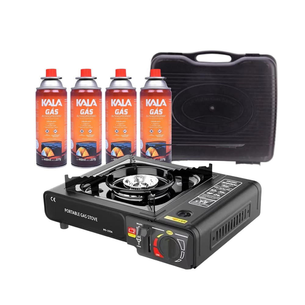 Fogão Fogareiro Portátil com maleta + 4 Refil Gás Camping Pesca