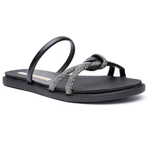 Rasteira Moleca Papete Tira Strass - Preto