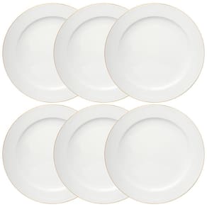 Jogo de Pratos Rasos de Porcelana Branco Royal Fio de Ouro 27cm 6 peças - Hauskraft