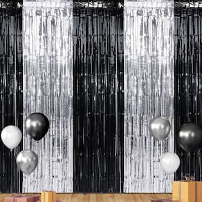 Cortina de franja, decorações de fundo, pacote com 3, preto e prata