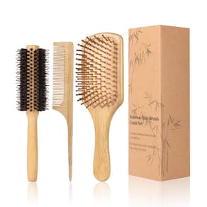 Conjunto de escovas de cabelo Mengate Bamboo Paddle, escova redonda, 3 unidades