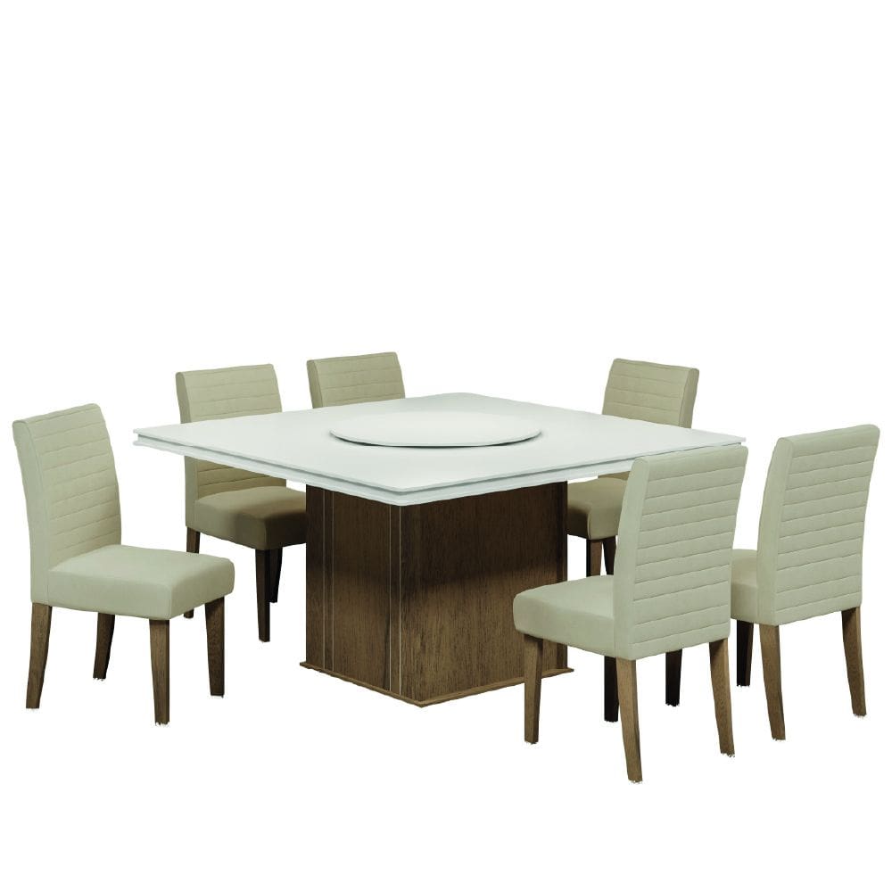 Conjunto de Mesa para Sala de Jantar com 6 Cadeiras Creta Tampo Giratório Amsterdã Cedro Off White / Areia