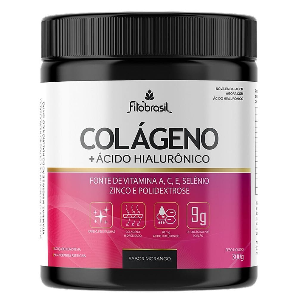 Colágeno 9g com 50 mg de ácido hialurônico, vitamina A, C, E selênio e zinco (nova fórmula) -  Morango 300g