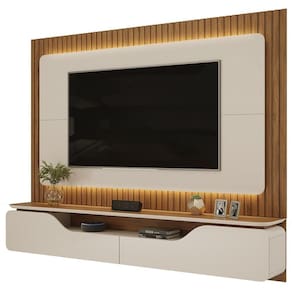 Painel Ripado Para Tv 70 Pol Com Bancada Suspensa 210cm Trevis D04 Off White-freijó - Mpozenato