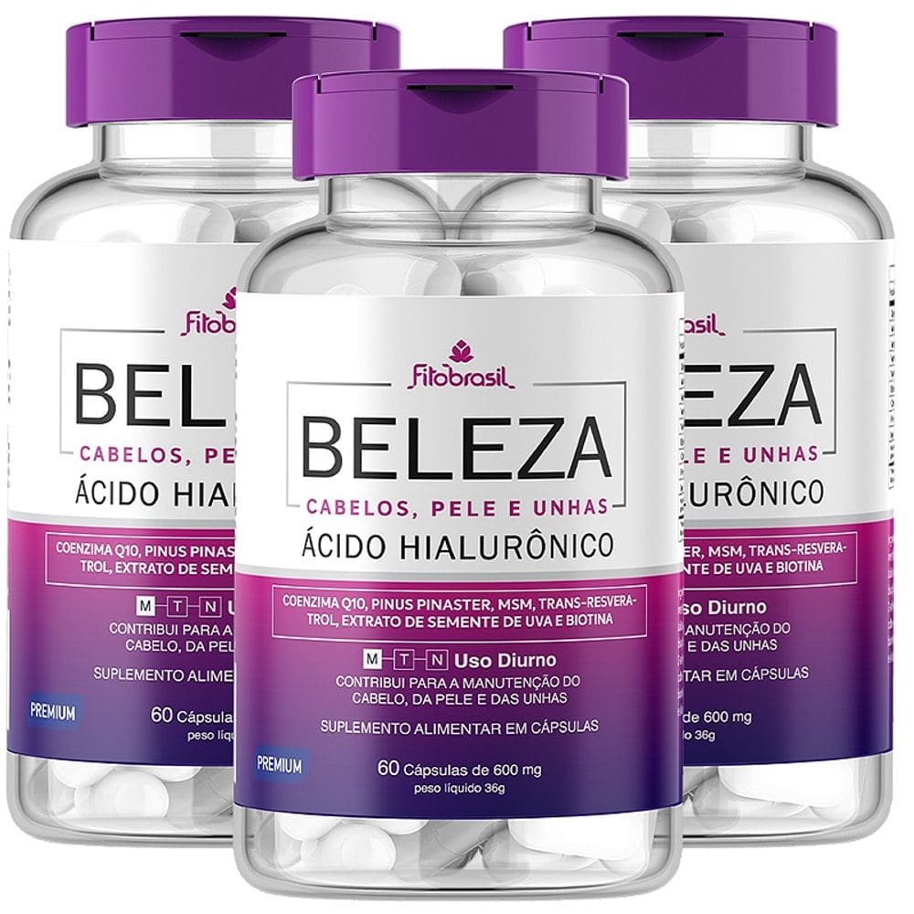 Beleza - Cabelo, Pele e Unhas - kit com 3 frascos de 60 cáps com Ácido Hialurônico, Q10, MSM, Resveratrol, Biotina
