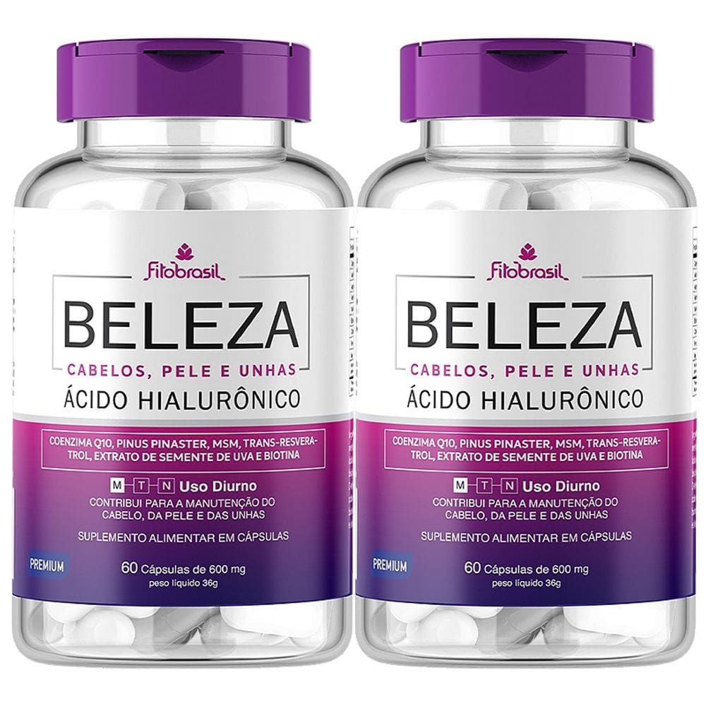Beleza - Cabelo, Pele e Unhas - kit com 2 frascos de 60 cáps com Ácido Hialurônico, Q10, MSM, Resveratrol, Biotina